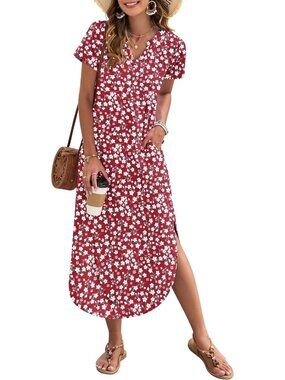 Women's Red Floral Summer Maxi Dress 2026 Short Sleeves Casual V Neck Sundress
